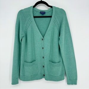 Pendleton Cotton Teal Blue Button-Up V-Neck Cardigan Cable Knit Pockets Medium